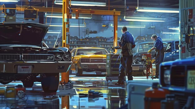 two mechanics working on a car together